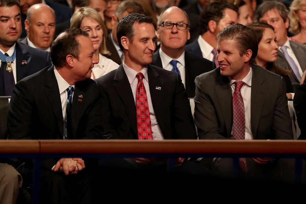 Trump's son Eric, right, attends the debate at Longwood University. Sitting next to him, from left, are Republican National Committee Chairman Reince Priebus and John Whitbeck, chairman of the Virginia Republican Party.