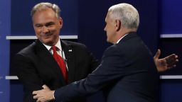 Republican vice-presidential nominee Gov. Mike Pence shakes hands with Democratic vice-presidential nominee Sen. Tim Kaine during the vice-presidential debate at Longwood University in Farmville, Va., Tuesday, Oct. 4, 2016. (AP Photo/Julio Cortez)