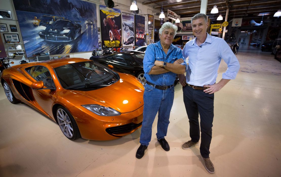 Jay Leno in his garage with CNN Sport's Don Riddell