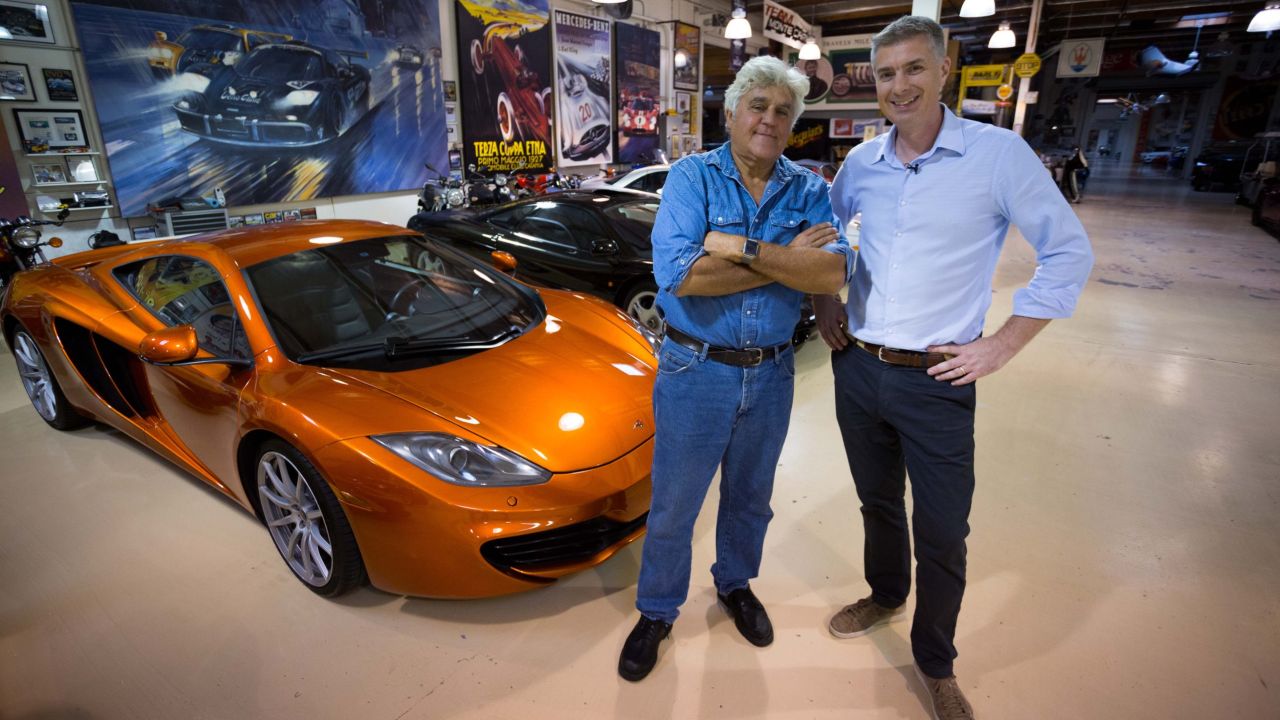 Jay Leno in his garage with CNN Sport's Don Riddell