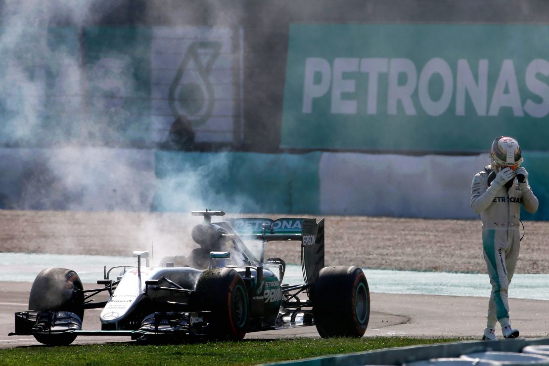 Hamilton's title defense was in danger of going up in smoke after his engine blew in Malaysia.