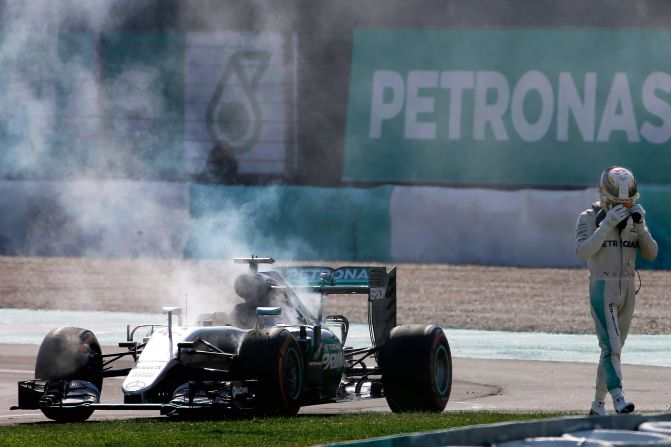 Hamilton arrived in Kuala Lumpur determined to reignite the title battle, and everything was going smoothly until lap 43 of the race when his engine caught fire. "Oh no, no," moaned Hamilton as he was forced to retire. Rosberg finished third <a href="index.php?page=&url=http%3A%2F%2Fcnn.com%2F2016%2F10%2F02%2Fmotorsport%2Fmalaysia-gp%2F" target="_blank">behind Red Bull duo Ricciardo and Verstappen</a> to extend his lead to 23 points.
