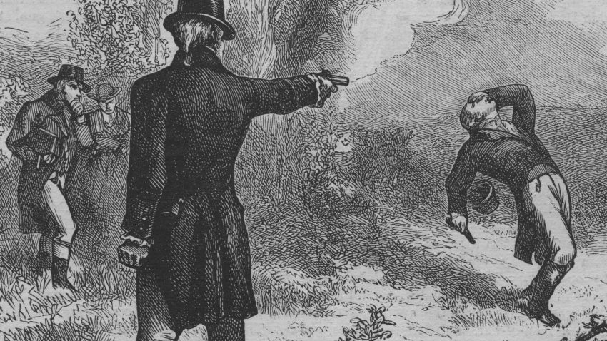 An engraved illustration of The Burr?Hamilton duel, this was a duel between two prominent American politicians, the former Secretary of the Treasury Alexander Hamilton and sitting Vice President Aaron Burr, on July 11 1804  (Photo by Kean Collection/Getty Images)