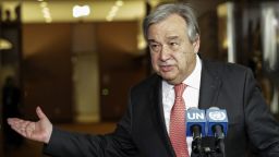 Antonio Guterres speaks to reporters on the selection of the next UN Secretary-General  at the UN headquarters in New York, on April 12, 2016.
 / AFP / KENA BETANCUR   