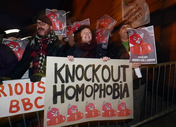 Protesters demonstrate outside the 2015 BBC Sports Personality of the Year awards in Belfast to oppose Fury's addition to the shortlist after he made controversial comments about homosexuality.