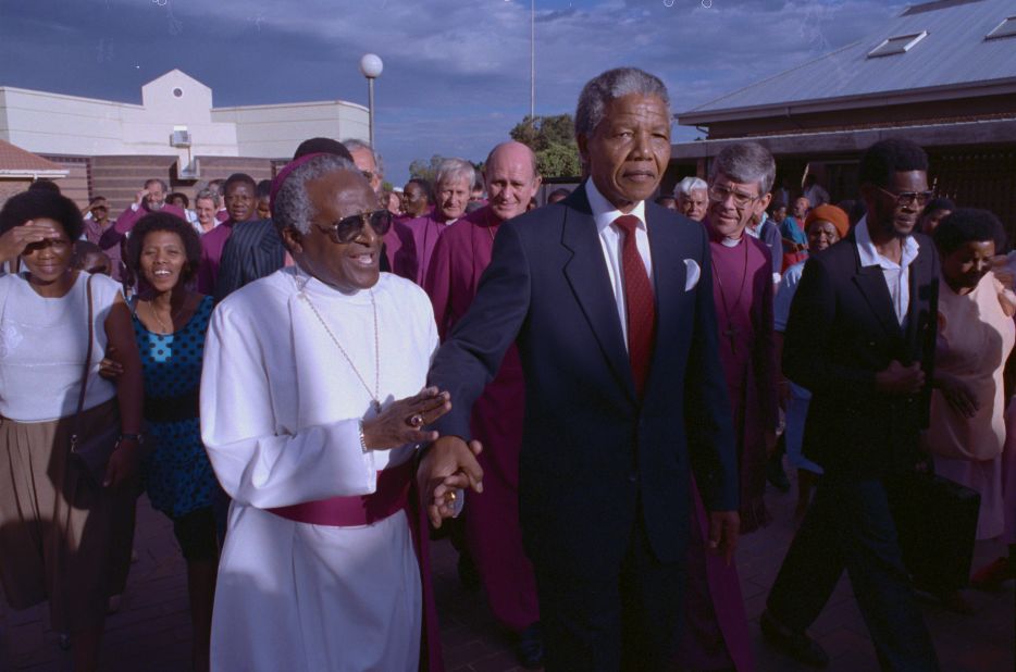 Nelson Mandela, after being released from prison, visits Tutu in Johannesburg.