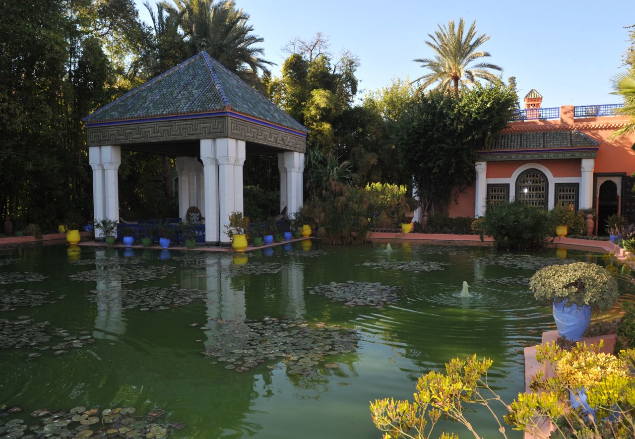 Part of the private Jardin Majorelle. Public relations director Quito Fierro says that a large colony of birds lives in the garden at night, but most of them disappear during the day. What visitors will be able to hear is a choir of croaking frogs between the garden's many pools and fountains.