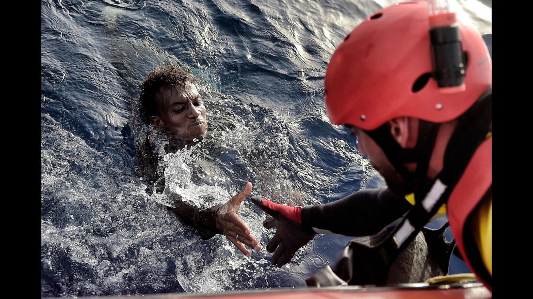 A migrant is rescued from the Mediterranean Sea.