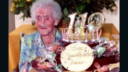 Jeanne Calment, the world's oldest woman according to the Guinness Book of Records celebrating her 119th birthday on February 12, 1994 in France.