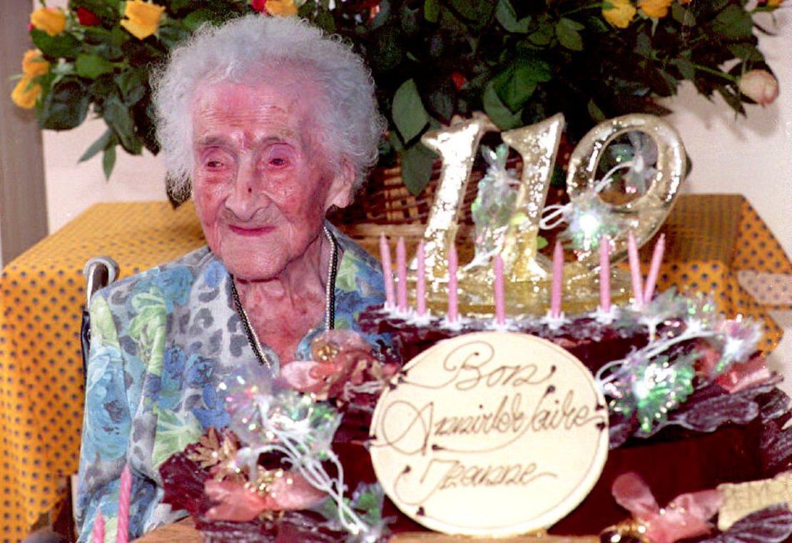Jeanne Calment, the world's oldest woman, according to the Guinness Book of World Records, celebrating her 119th birthday on February 12, 1994 in France. She died at age 122.