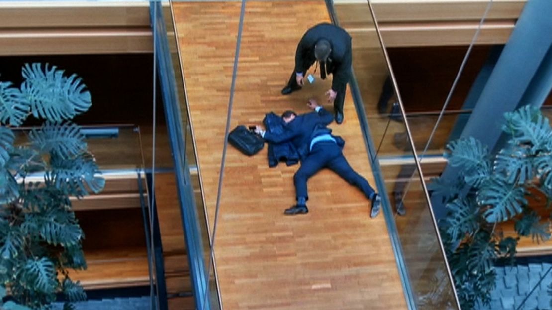 UKIP MEP Steven Woolfe is shown collapsed on the floor at the European Parliament after an 'altercation.'