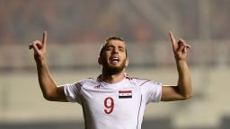 Mahmoud Almawas of Syria celebrates after he scored a goal during the 2018 World Cup qualifying group A match against China at Shanxi Stadium in Xi'an, on October 6, 2016. / AFP / -        (Photo credit should read -/AFP/Getty Images)