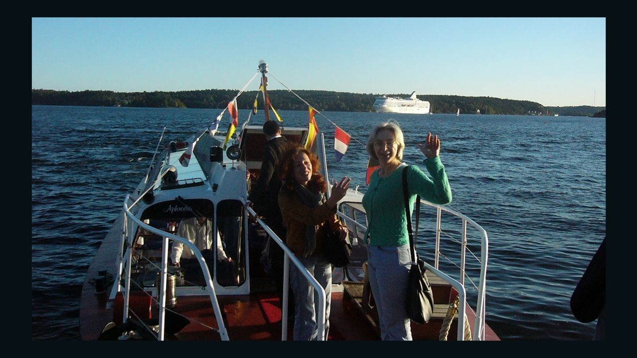 Anna Politkovskaya, right, and Tanya Lokshina on a boat headed from Stockholm in September 2006.
