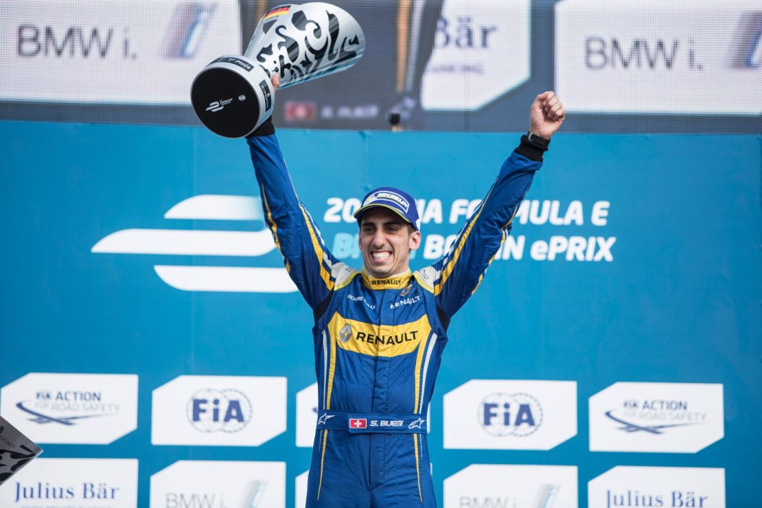 Renault e.Dams driver Sebastien Buemi savors the moment of victory at last season's Berlin ePrix.