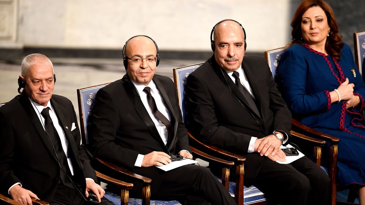 The 2015 Nobel Peace Prize was awarded to the Tunisian National Dialogue Quartet for its "decisive contribution to the building of a pluralistic democracy in the country in the wake of the Jasmine Revolution of 2011." From left to right: the Secretary General of the Tunisian General Labour Union Houcine Abbassi, the President of the National Order of Tunisian Lawyers Fadhel Mahfoudh, the Tunisian Human Rights League Abdessatar Ben Moussa and the President of the Tunisian employers union Wided Bouchamaoui.