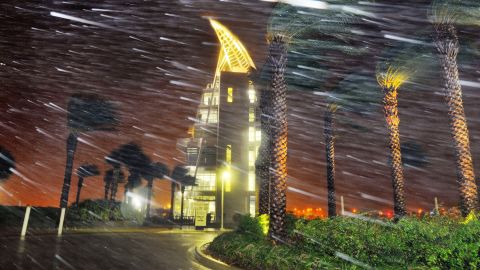 Heavy rain billows in front of Exploration Tower in Cape Canaveral, Florida, on October 7.
