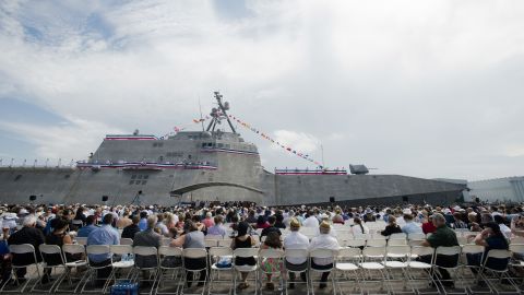 A crowd looks on during the Commissioning of the USS Montgomery in Mobile, Alabama on September 10.