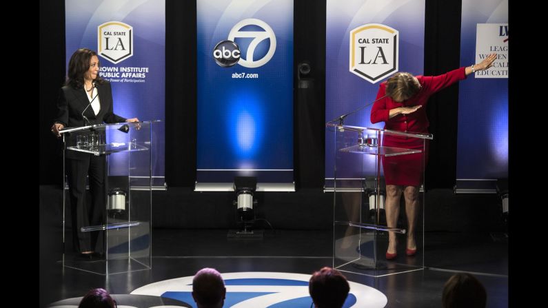 California Rep. Loretta Sanchez <a href="http://www.cnn.com/2016/10/06/politics/california-senate-race-debate-dab-loretta-sanchez-kamala-harris/index.html" target="_blank">does a "dab"</a> at the end of her debate with state Attorney General Kamala Harris on Wednesday, October 5. The two Democrats are running for US Senate.