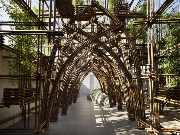Vo Trong Nghia Architects built a pavilion using bamboo -- no metal joints were involved, only bamboo pegs and rope. 