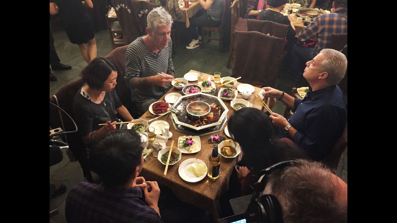 Bourdain and Ripert also sampled the classic hot pot communal meal at Liang Lukou in Chengdu. Diners order a variety of meat, vegetables and fish and cook the ingredients in spicy, bubbling broth.