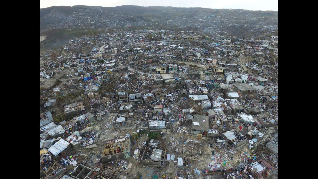 Damaged homes are shown on Friday, October 7, in Haiti, where the death toll is in the hundreds.