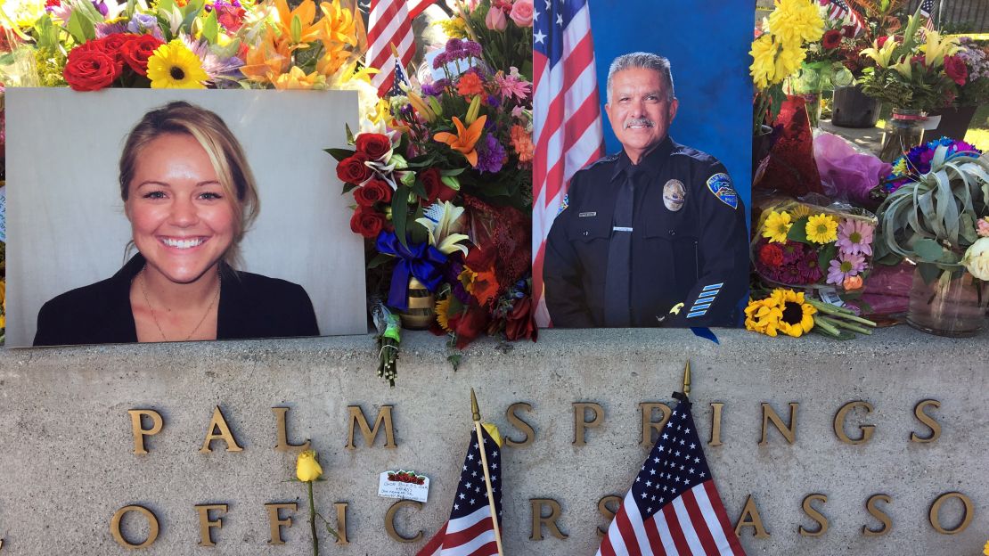 A memorial outside Palm Springs Police Department for Officers Jose Gilbert Vega and Lesley Zerebny