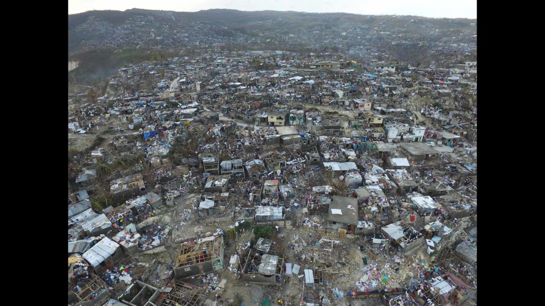 An aerial view of the destruction in Jeremie, Haiti, caused by Hurricane Matthew on October 7.