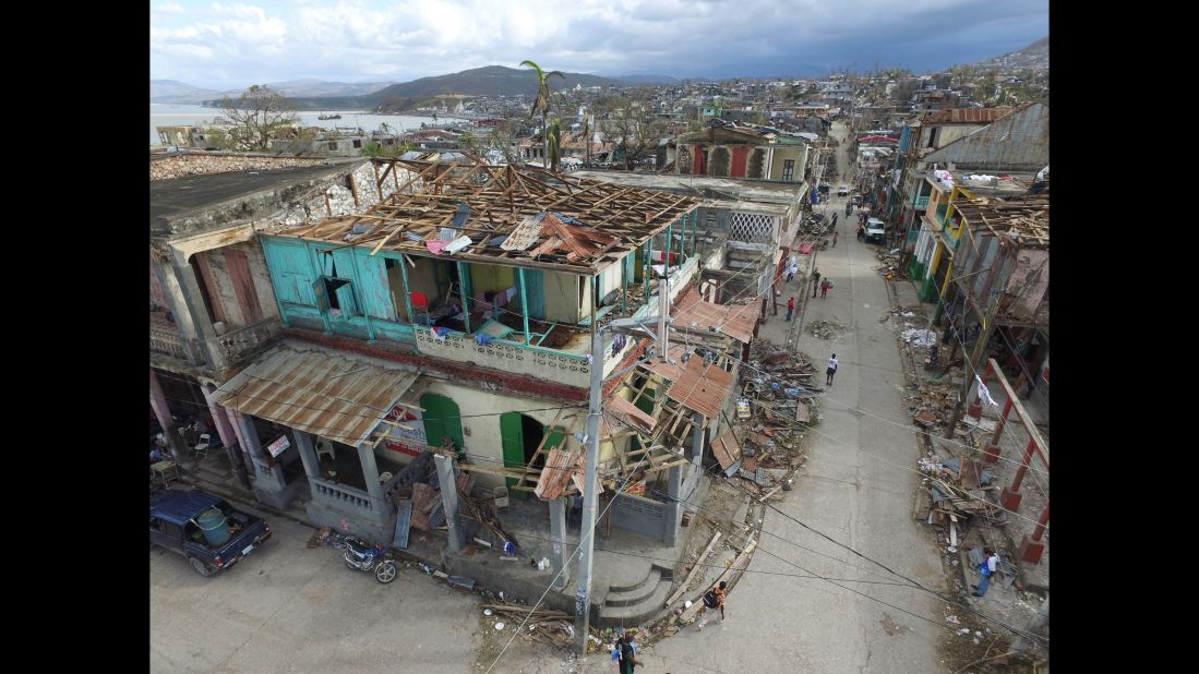 An aerial view of the destruction in Jeremie, Haiti, caused by Hurricane Matthew on October 7.