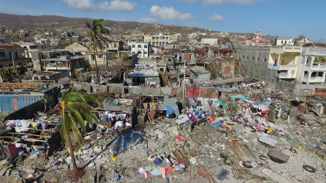 An aerial view of the destruction in Jeremie, Haiti, caused by Hurricane Matthew on October 8.