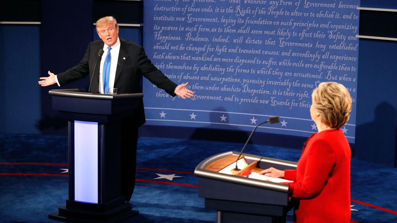 Trump faces Democratic nominee Hillary Clinton in <a href="http://www.cnn.com/2016/09/26/politics/gallery/first-presidential-debate/index.html" target="_blank">the first presidential debate, </a>which took place in Hempstead, New York, in September 2016.