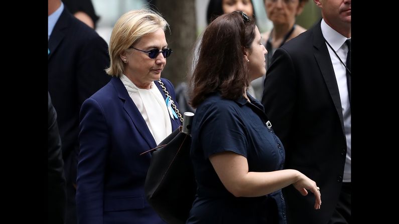 Clinton arrives at a 9/11 commemoration ceremony in New York on September 11. Clinton, who was diagnosed with pneumonia two days before, left early after feeling ill. A video <a href="index.php?page=&url=http%3A%2F%2Fwww.cnn.com%2F2016%2F09%2F11%2Fpolitics%2Fhillary-clinton-health%2Findex.html" target="_blank">appeared to show her stumble</a> as Secret Service agents helped her into a van.
