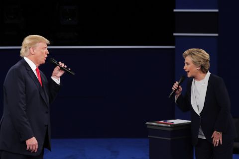 Republican nominee Donald Trump faces off with Democratic nominee Hillary Clinton during the second presidential debate, which took place Sunday, October 9, at Washington University in St. Louis.