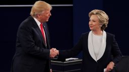 ST LOUIS, MO - OCTOBER 09:  Republican presidential nominee Donald Trump shakes hands with Democratic presidential nominee former Secretary of State Hillary Clinton during the town hall debate at Washington University on October 9, 2016 in St Louis, Missouri. This is the second of three presidential debates scheduled prior to the November 8th election.  (Photo by Chip Somodevilla/Getty Images)