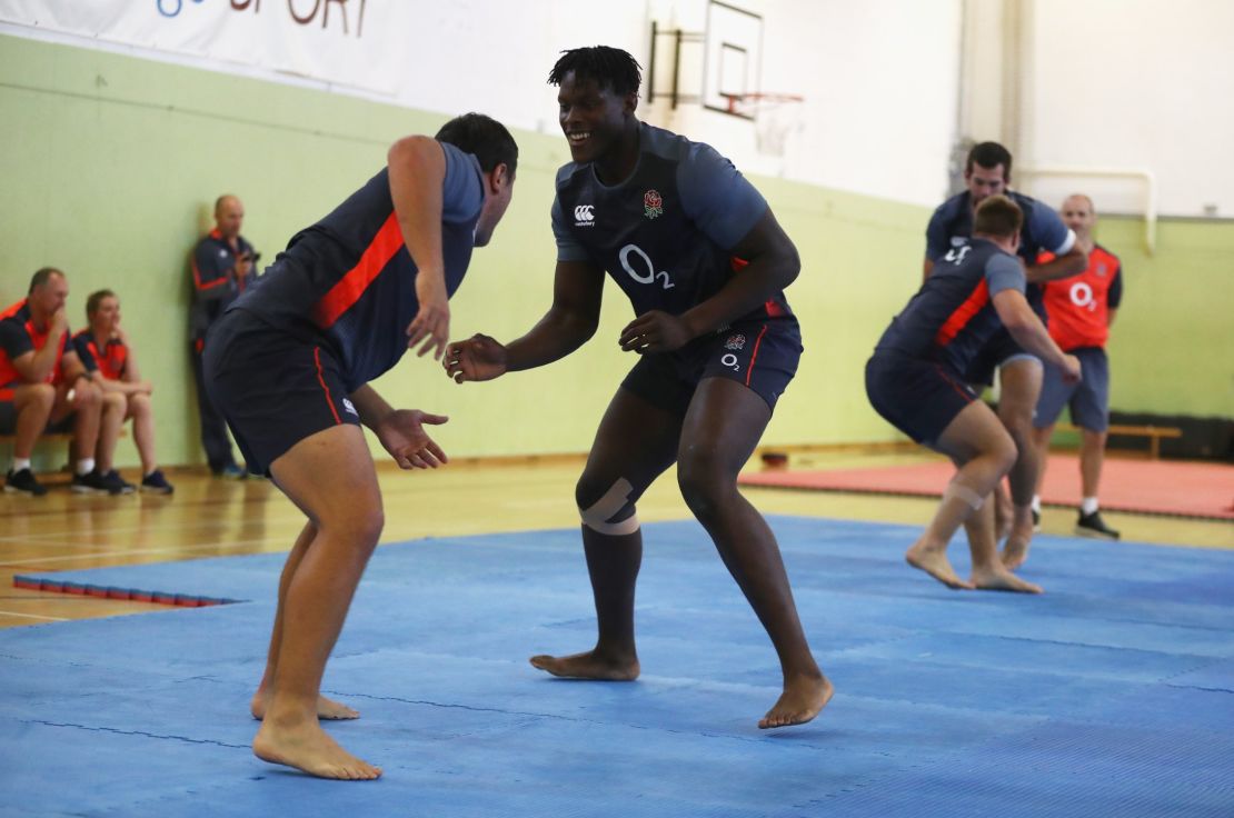 Jamie George and Maro Itoje got to grips with judo at the training camp.