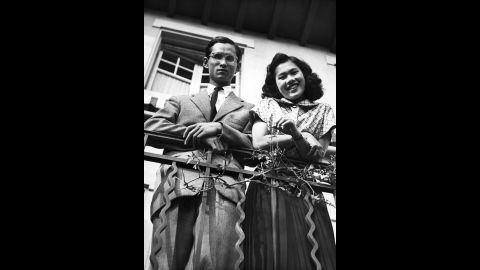 Bhumibol and his future wife, Princess Sirikit Kityakara, are pictured in Lausanne in 1949. The couple married a year later at Srapathum Palace in Bangkok, Thailand.