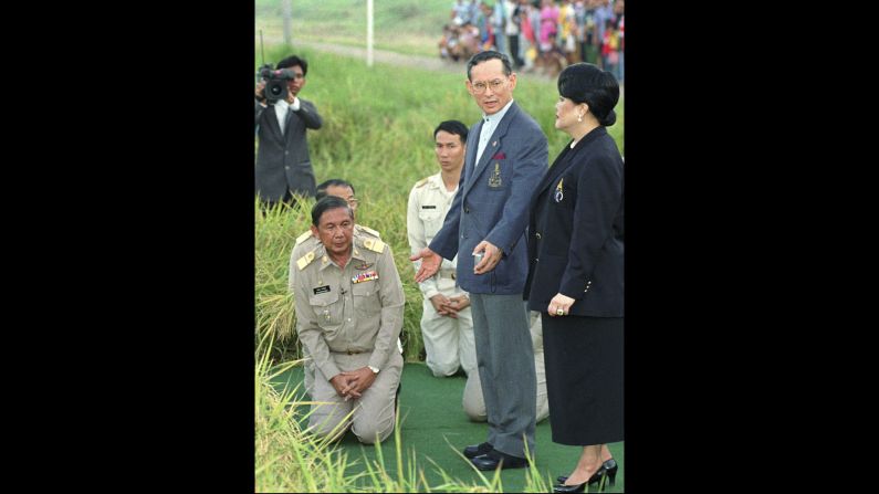 The King and Queen survey a rice crop made possible by a Royal Irrigation Project in 1996. The project formed part of the Royal Development Projects, which focused on developing remote rural areas. The King has taken an interest in environmental projects throughout his long reign.