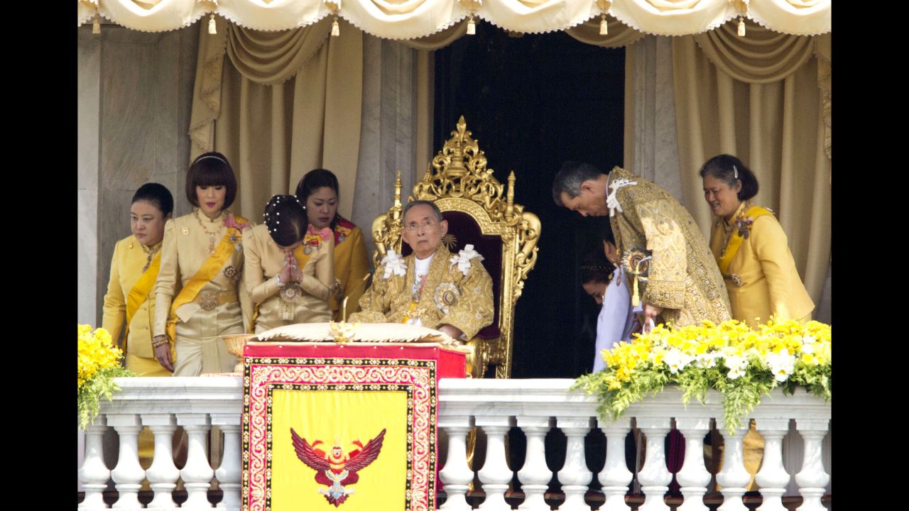 The King is pictured with family members in 2012. He addressed a crowd from a balcony on his 85th birthday.