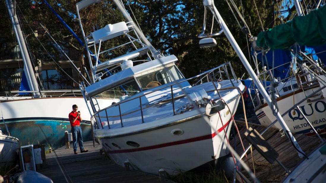 Boats are pushed up among twisted docks in Hilton Head on October 9. 