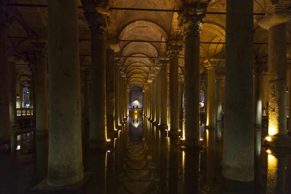 Istanbul's Byzantine cistern, dating from the sixth century, was constructed for Justinianus I as an underground reservoir. Named after the marble columns within the chamber, the 460 feet by 230 feet room was previously a Roman basilica. The cistern fell out of favor under Ottoman rule (who preferred running water), and it was only 'rediscovered' in the sixteenth century by Dutch traveler P. Gyllius while roaming the Hagia Sofia nearby. Households above the cistern had been drawing water from 'wells' cut into their ground floors -- some were even known to fish. Gyllius, a veritable Indiana Jones, navigated the waters on a rowing boat with a lamp. Today the cistern is uplit and easily accessible for visitors.