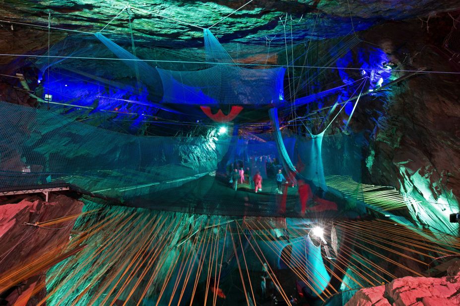 A 176-year-old disused slate mine near Blaenau Ffestiniog, North Wales became a subterranean playground in 2015 when Bounce Below opened. The $920,000 investment installed a giant, multi-tiered trampoline network suspended in a cavern the size of a cathedral. Despite the soft landing, hard hats are still required.