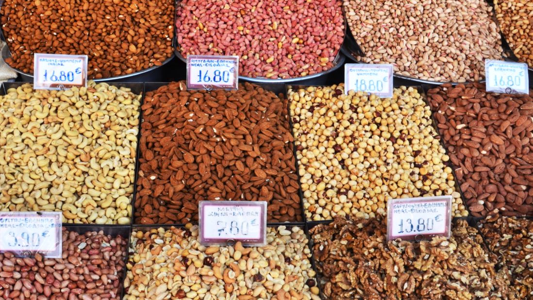 Stubby hazelnuts, pistachios in their shells, roasted peanuts, salted almonds, chopped walnuts -- nuts of all persuasions are a traditional part of the Greek diet. 