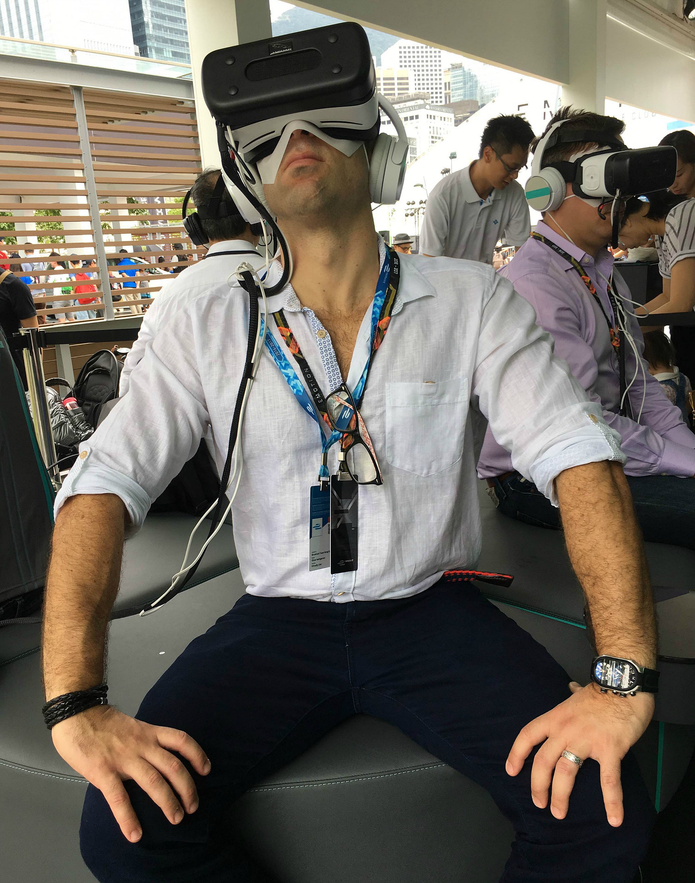 A Formula E fan tries out the latest Virtual Reality technology at the Jaguar entertainment stand.