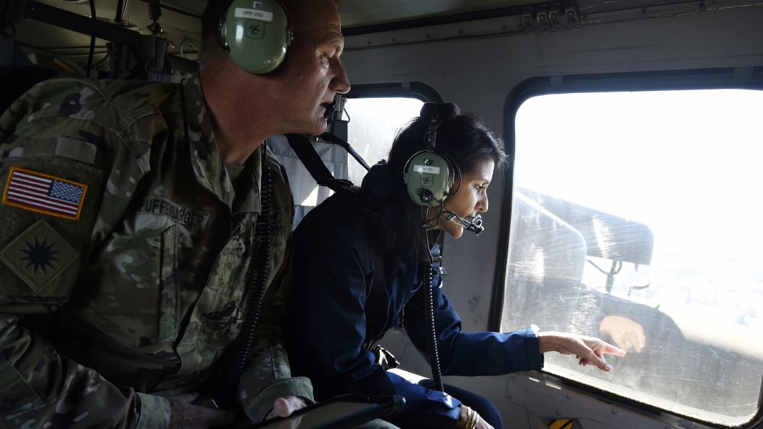 South Carolina Gov. Nikki Haley checks flooding near Nichols on October 10.