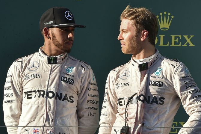 Mercedes teammates Lewis Hamilton and Nico Rosberg size each other up as the season begins in Melbourne. On race day, Rosberg starts where he left off in 2015, <a href="index.php?page=&url=http%3A%2F%2Fcnn.com%2F2016%2F03%2F20%2Fmotorsport%2Fmotorsport-australia-gp-rosberg-alonso%2F" target="_blank">winning in Albert Park</a>. A poor start relegated Hamilton from pole position to sixth but he fought back to finish second.