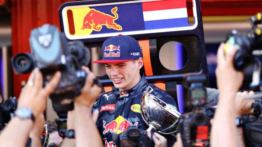 MONTMELO, SPAIN - MAY 15:  Max Verstappen of Netherlands and Red Bull Racing celebrates his first win in F1 with his team during the Spanish Formula One Grand Prix at Circuit de Catalunya on May 15, 2016 in Montmelo, Spain.  (Photo by Clive Mason/Getty Images)