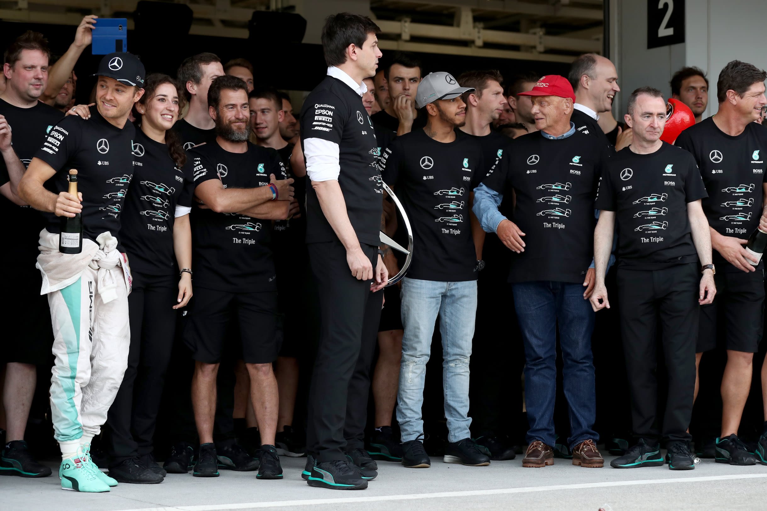 Time to pull on the victory t-shirts! Mercedes wraps up its third straight constructors' championship in Suzuka.