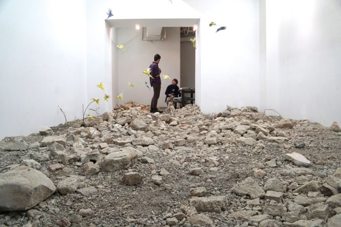 For this installation, Roth filled a gallery with debris from the war in Syria, and created a landscape in which rescued parakeets would live throughout the duration of the exhibition.