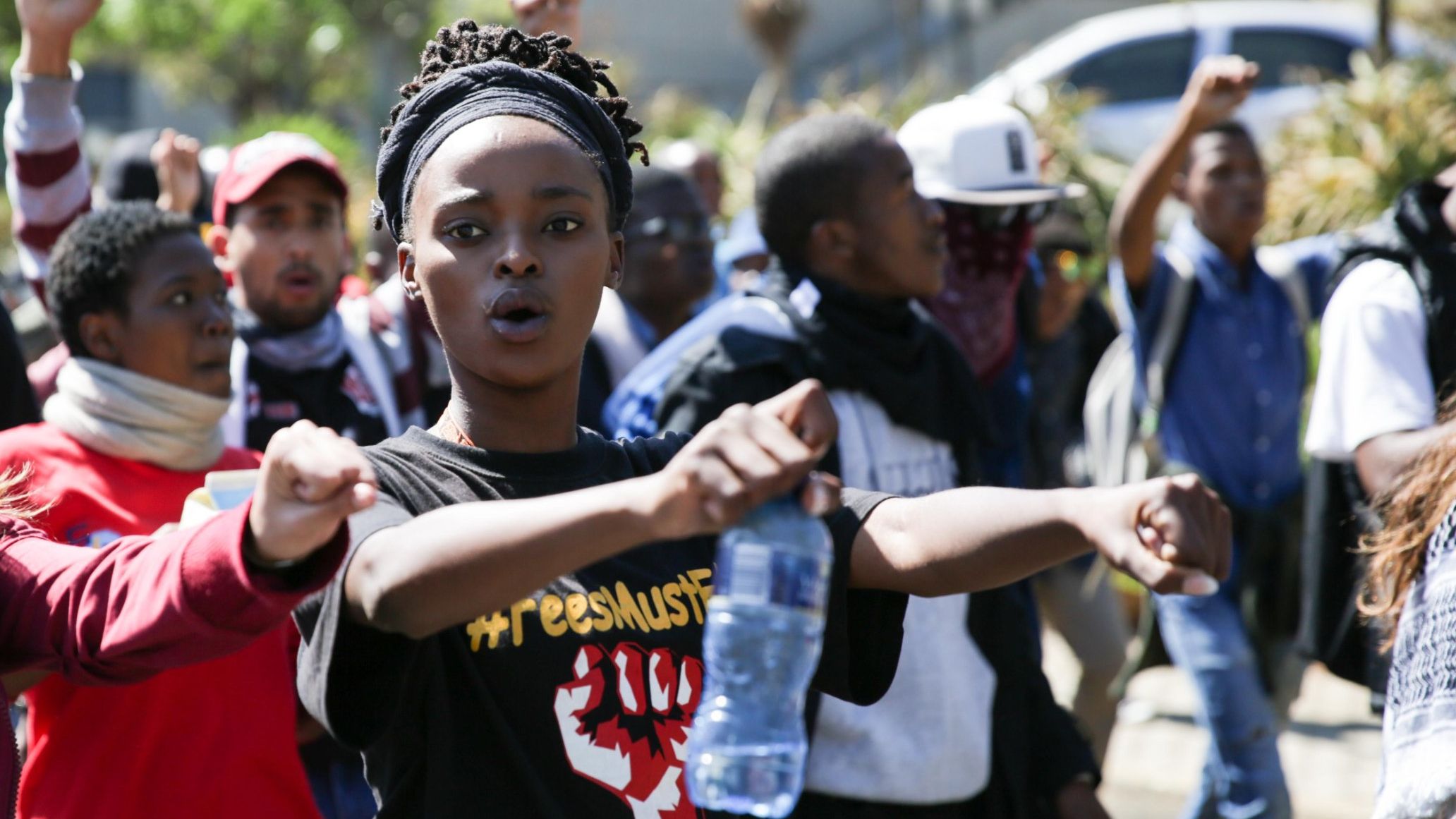 Student leader Busisiwe Seabe marches during Monday's protest. She says students feel abandoned by the government and the University of Witwatersrand.
