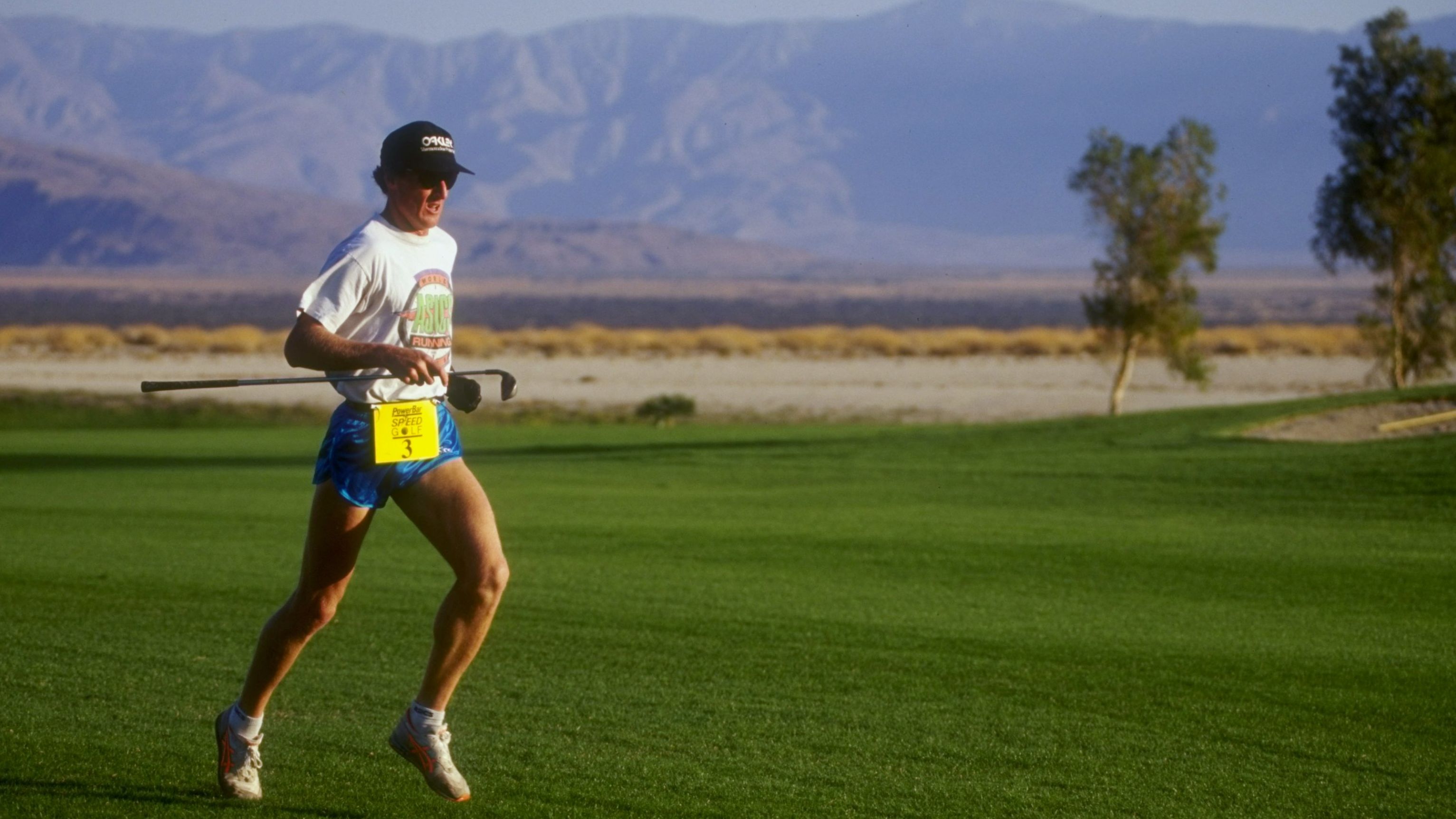 Steve Scott runs to his ball during the Powerbar Speedgolf Tournament in 1993. It was only recently that players were made to carry all their own clubs.