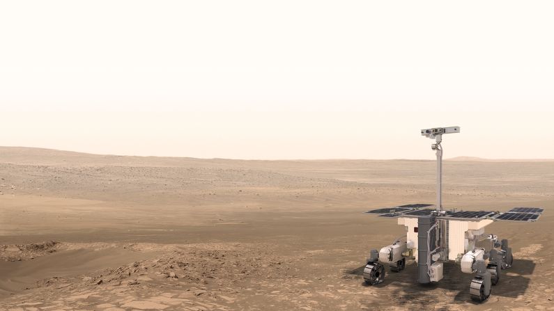 An artist's impression of the ExoMars 2020 rover exploring the surface of Mars.